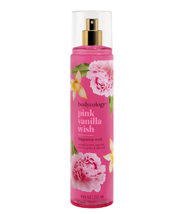 Bodycology Pink Vanilla Wish Body Splash 237ml Bodycology x 1 Abrazar el deseo de su corazón con la combinación brillante de vainilla, almendra y rosa peonía en la Bodycology aroma de vainilla rosa del deseo